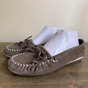 Minnetonka Women's 10 Taupe Brown Kilty Suede Hard Sole Slip On Moccasins Shoes